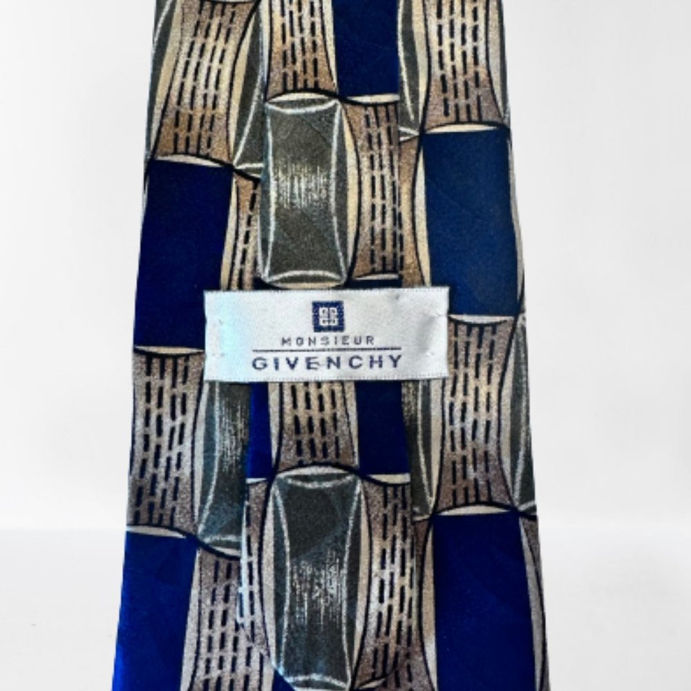 Vintage Givenchy tie 100% silk Made in USA Blue Beige Geometric Macclesfield Tie